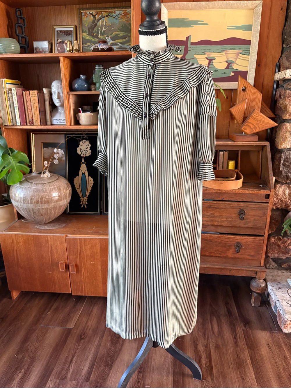 Vintage 80s Sheer Striped Maxi Dress Dark Academia Prairie Gothic M